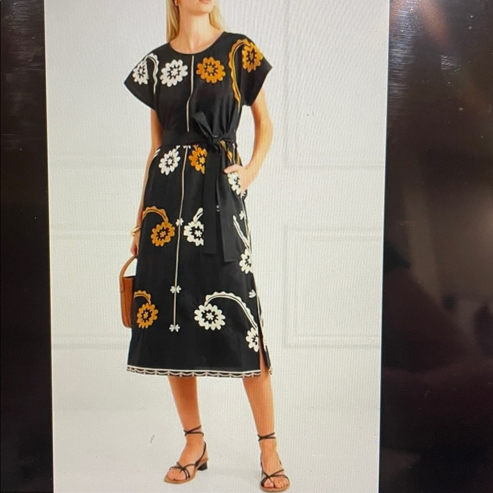 Tory Burch Belted Embroidered Cotton Midi Dress | Size XS | Black, Yellow, Cream - Picture 6 of 6